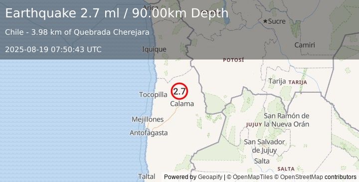 Earthquake ANTOFAGASTA, CHILE (2.7 ml) (2025-08-19 07:50:43 UTC)