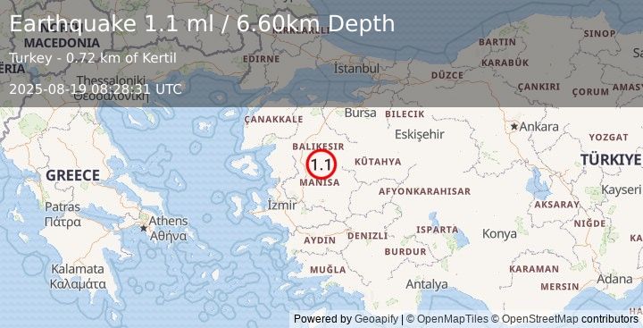 Earthquake WESTERN TURKEY (1.1 ml) (2025-08-19 08:28:31 UTC)