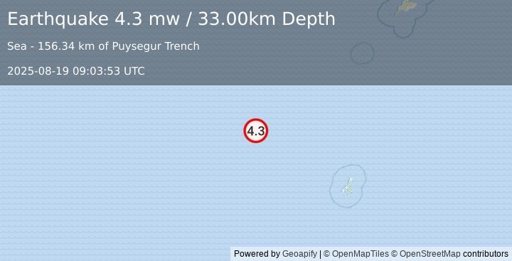 Earthquake AUCKLAND ISLANDS, N.Z. REGION (4.3 mw) (2025-08-19 09:03:53 UTC)