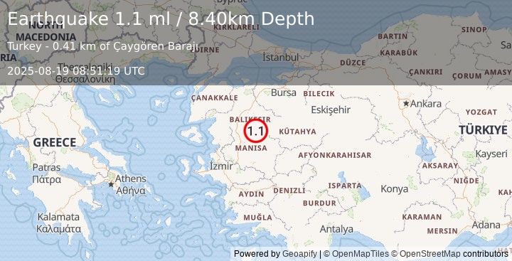 Earthquake WESTERN TURKEY (1.1 ml) (2025-08-19 08:51:19 UTC)
