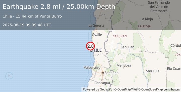 Earthquake OFFSHORE COQUIMBO, CHILE (2.8 ml) (2025-08-19 09:39:48 UTC)