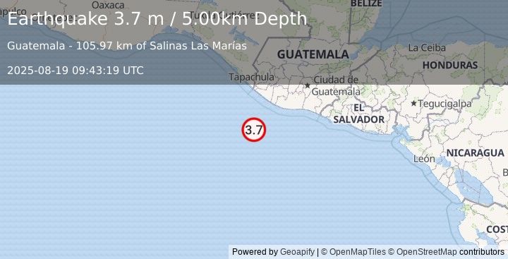 Earthquake OFFSHORE GUATEMALA (3.8 m) (2025-08-19 09:43:22 UTC)