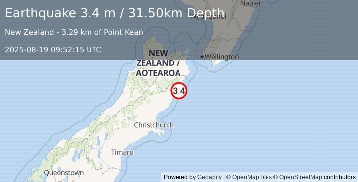 Earthquake SOUTH ISLAND OF NEW ZEALAND (3.4 m) (2025-08-19 09:52:15 UTC)
