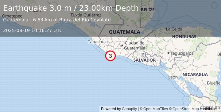 Earthquake OFFSHORE GUATEMALA (3.0 m) (2025-08-19 10:16:27 UTC)