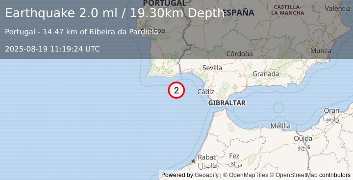 Earthquake STRAIT OF GIBRALTAR (2.0 ml) (2025-08-19 11:19:24 UTC)