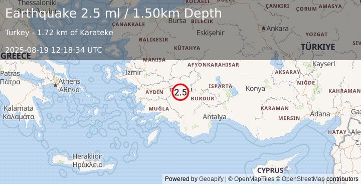 Earthquake WESTERN TURKEY (2.5 ml) (2025-08-19 12:18:34 UTC)