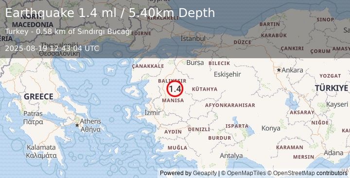 Earthquake WESTERN TURKEY (1.4 ml) (2025-08-19 12:43:04 UTC)
