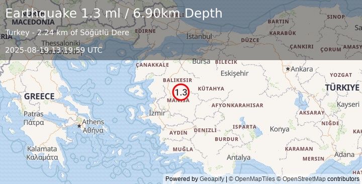 Earthquake WESTERN TURKEY (1.3 ml) (2025-08-19 13:19:59 UTC)