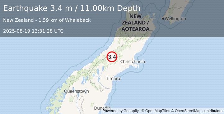 Earthquake SOUTH ISLAND OF NEW ZEALAND (3.4 m) (2025-08-19 13:31:28 UTC)