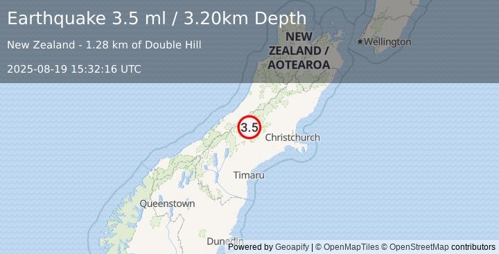 Earthquake SOUTH ISLAND OF NEW ZEALAND (3.5 ml) (2025-08-19 15:32:16 UTC)