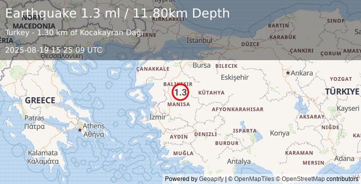 Earthquake WESTERN TURKEY (1.3 ml) (2025-08-19 15:25:09 UTC)