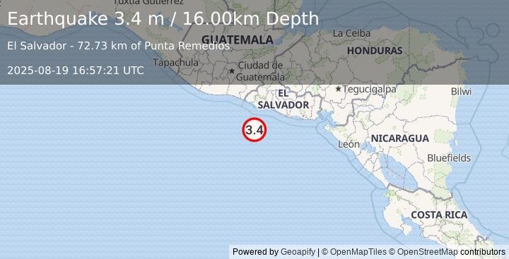 Earthquake OFFSHORE EL SALVADOR (3.4 m) (2025-08-19 16:57:21 UTC)