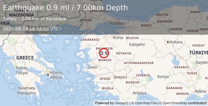 Earthquake WESTERN TURKEY (0.9 ml) (2025-08-19 16:58:50 UTC)