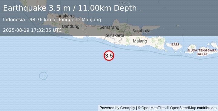 Earthquake SOUTH OF JAVA, INDONESIA (3.5 m) (2025-08-19 17:32:35 UTC)