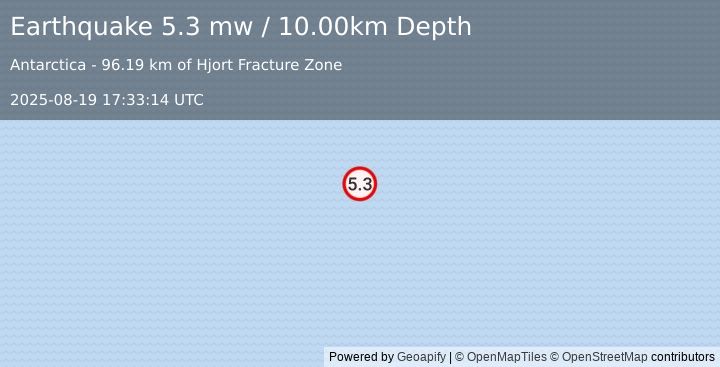 Earthquake BALLENY ISLANDS REGION (5.3 mw) (2025-08-19 17:33:14 UTC)