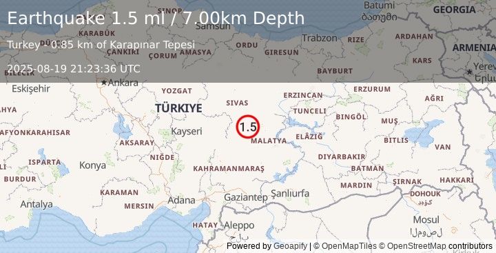 Earthquake CENTRAL TURKEY (1.5 ml) (2025-08-19 21:23:36 UTC)