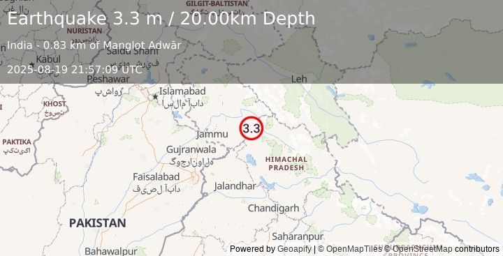Earthquake HIMACHAL PRADESH, INDIA (3.3 m) (2025-08-19 21:57:09 UTC)