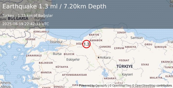 Earthquake WESTERN TURKEY (1.3 ml) (2025-08-19 22:42:31 UTC)