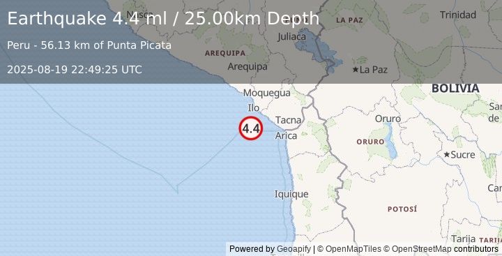 Earthquake OFF COAST OF TARAPACA, CHILE (4.4 ml) (2025-08-19 22:49:25 UTC)