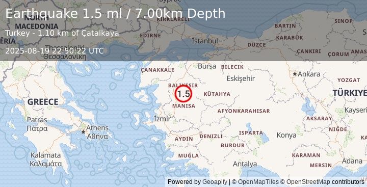 Earthquake WESTERN TURKEY (1.5 ml) (2025-08-19 22:50:22 UTC)