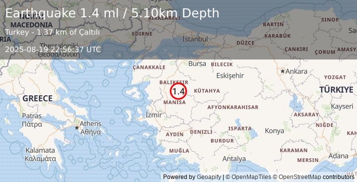 Earthquake WESTERN TURKEY (1.4 ml) (2025-08-19 22:56:37 UTC)