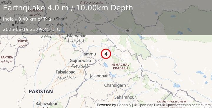 Earthquake HIMACHAL PRADESH, INDIA (4.0 m) (2025-08-19 23:09:45 UTC)