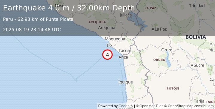 Earthquake OFF COAST OF TARAPACA, CHILE (4.0 m) (2025-08-19 23:14:49 UTC)