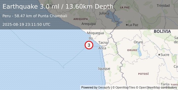 Earthquake OFF COAST OF TARAPACA, CHILE (3.0 ml) (2025-08-19 23:11:50 UTC)