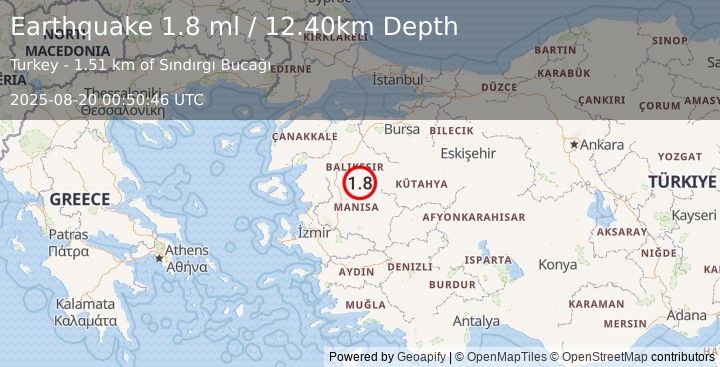 Earthquake WESTERN TURKEY (1.8 ml) (2025-08-20 00:50:46 UTC)