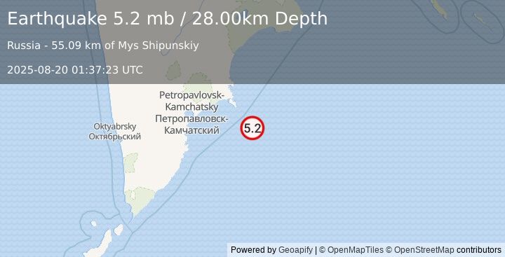 Earthquake OFF EAST COAST OF KAMCHATKA (5.2 mb) (2025-08-20 01:37:24 UTC)