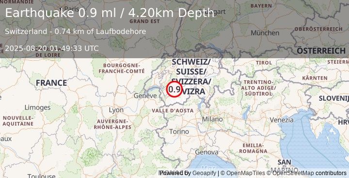 Earthquake SWITZERLAND (0.9 ml) (2025-08-20 01:49:33 UTC)