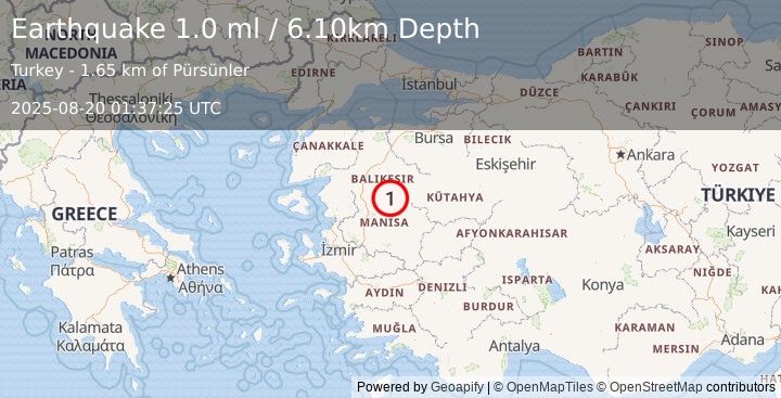 Earthquake WESTERN TURKEY (1.0 ml) (2025-08-20 01:37:25 UTC)