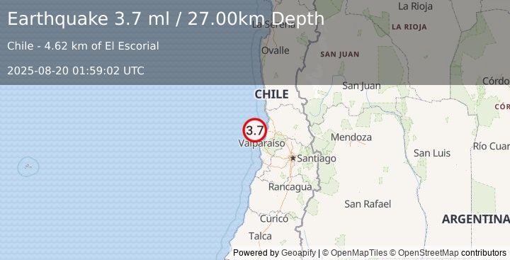 Earthquake OFFSHORE VALPARAISO, CHILE (3.7 ml) (2025-08-20 01:59:02 UTC)