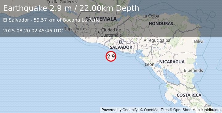 Earthquake OFFSHORE EL SALVADOR (2.9 m) (2025-08-20 02:45:46 UTC)