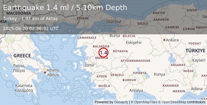 Earthquake WESTERN TURKEY (1.4 ml) (2025-08-20 02:36:32 UTC)
