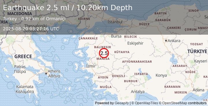 Earthquake WESTERN TURKEY (1.7 ml) (2025-08-20 03:27:50 UTC)