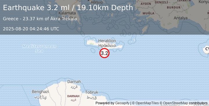Earthquake CRETE, GREECE (3.2 ml) (2025-08-20 04:24:46 UTC)