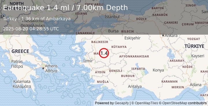 Earthquake WESTERN TURKEY (1.4 ml) (2025-08-20 04:28:55 UTC)