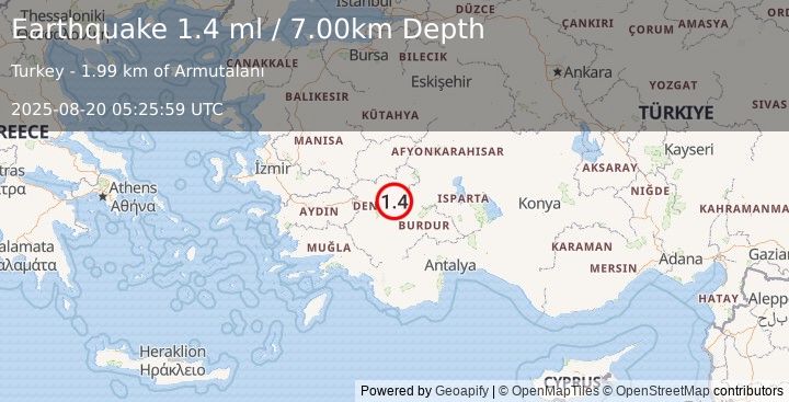 Earthquake WESTERN TURKEY (1.4 ml) (2025-08-20 05:25:59 UTC)