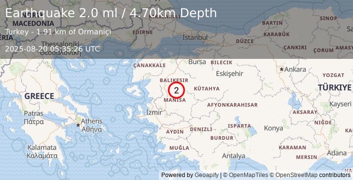 Earthquake WESTERN TURKEY (2.0 ml) (2025-08-20 05:35:26 UTC)