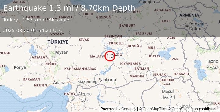 Earthquake EASTERN TURKEY (1.3 ml) (2025-08-20 05:54:21 UTC)