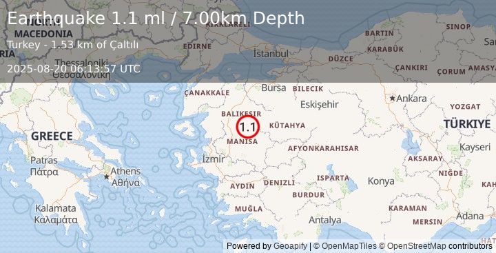 Earthquake WESTERN TURKEY (1.1 ml) (2025-08-20 06:13:57 UTC)