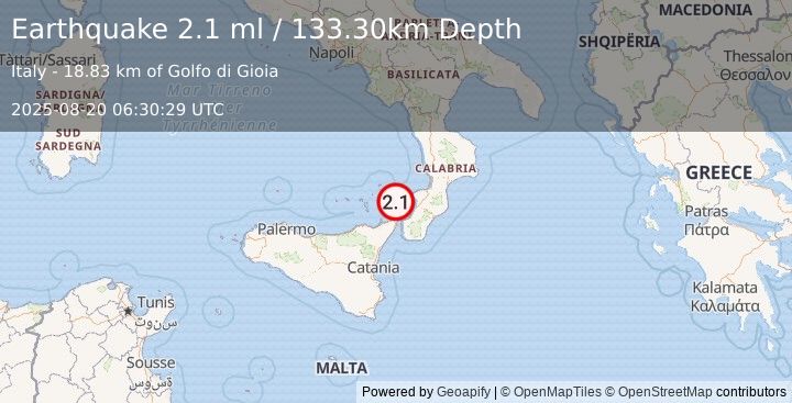Earthquake SICILY, ITALY (2.1 ml) (2025-08-20 06:30:29 UTC)