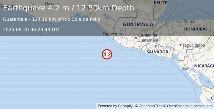 Earthquake OFF THE COAST OF GUATEMALA (4.2 m) (2025-08-20 06:29:49 UTC)