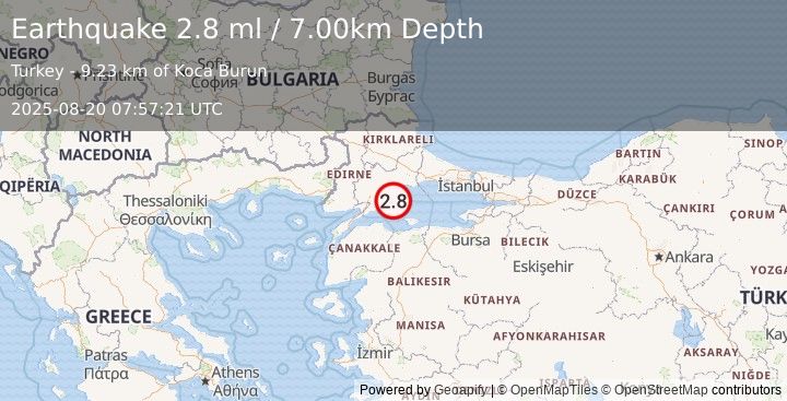 Earthquake WESTERN TURKEY (2.8 ml) (2025-08-20 07:57:21 UTC)