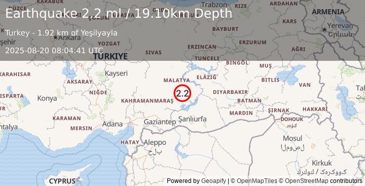 Earthquake EASTERN TURKEY (2.2 ml) (2025-08-20 08:04:42 UTC)