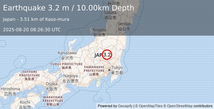Earthquake EASTERN HONSHU, JAPAN (3.2 m) (2025-08-20 08:26:30 UTC)