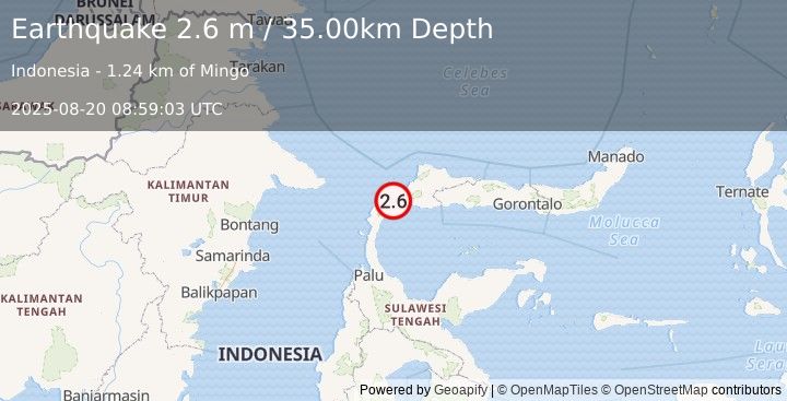 Earthquake MINAHASA, SULAWESI, INDONESIA (2.6 m) (2025-08-20 08:59:03 UTC)