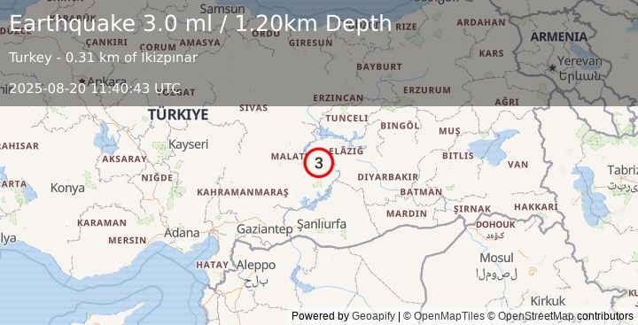 Earthquake EASTERN TURKEY (3.1 ml) (2025-08-20 11:40:44 UTC)