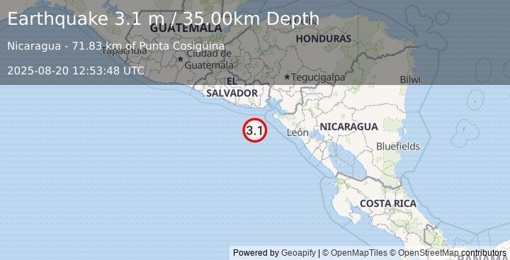 Earthquake OFFSHORE EL SALVADOR (3.1 m) (2025-08-20 12:53:48 UTC)